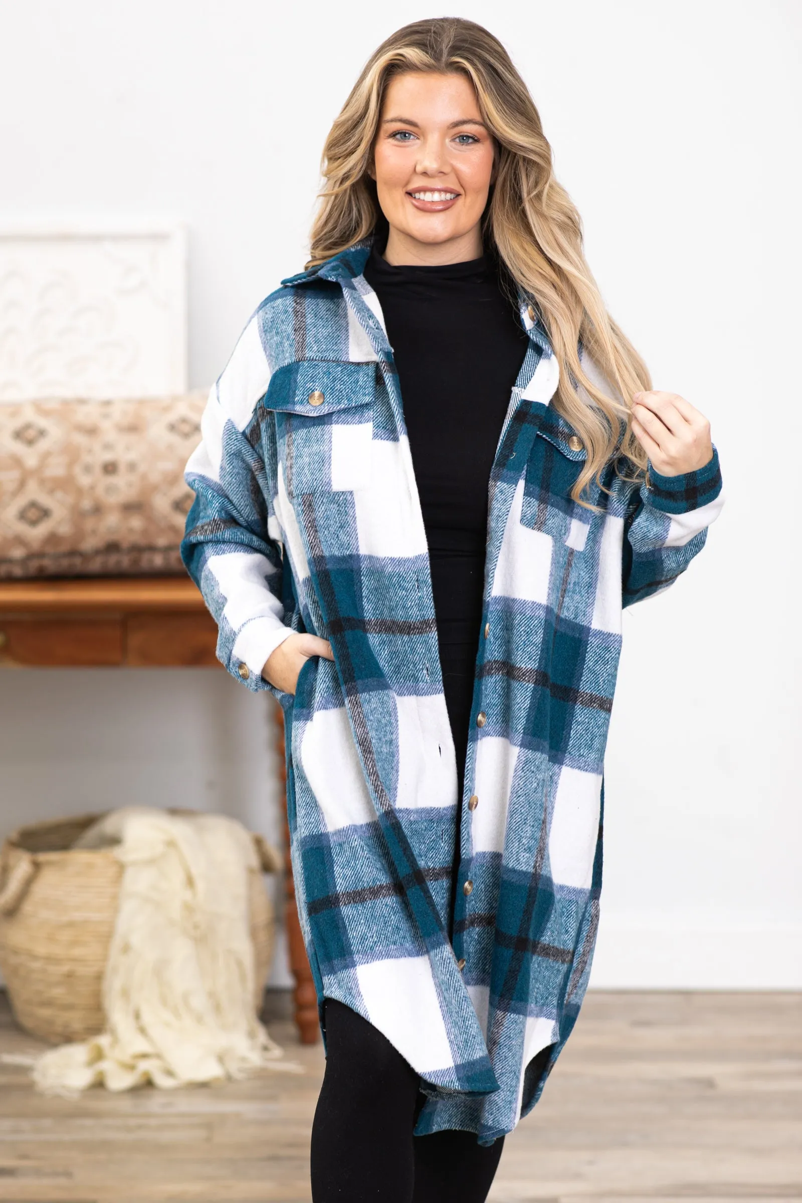 Teal and White Plaid Dolphin Hem Long Shacket