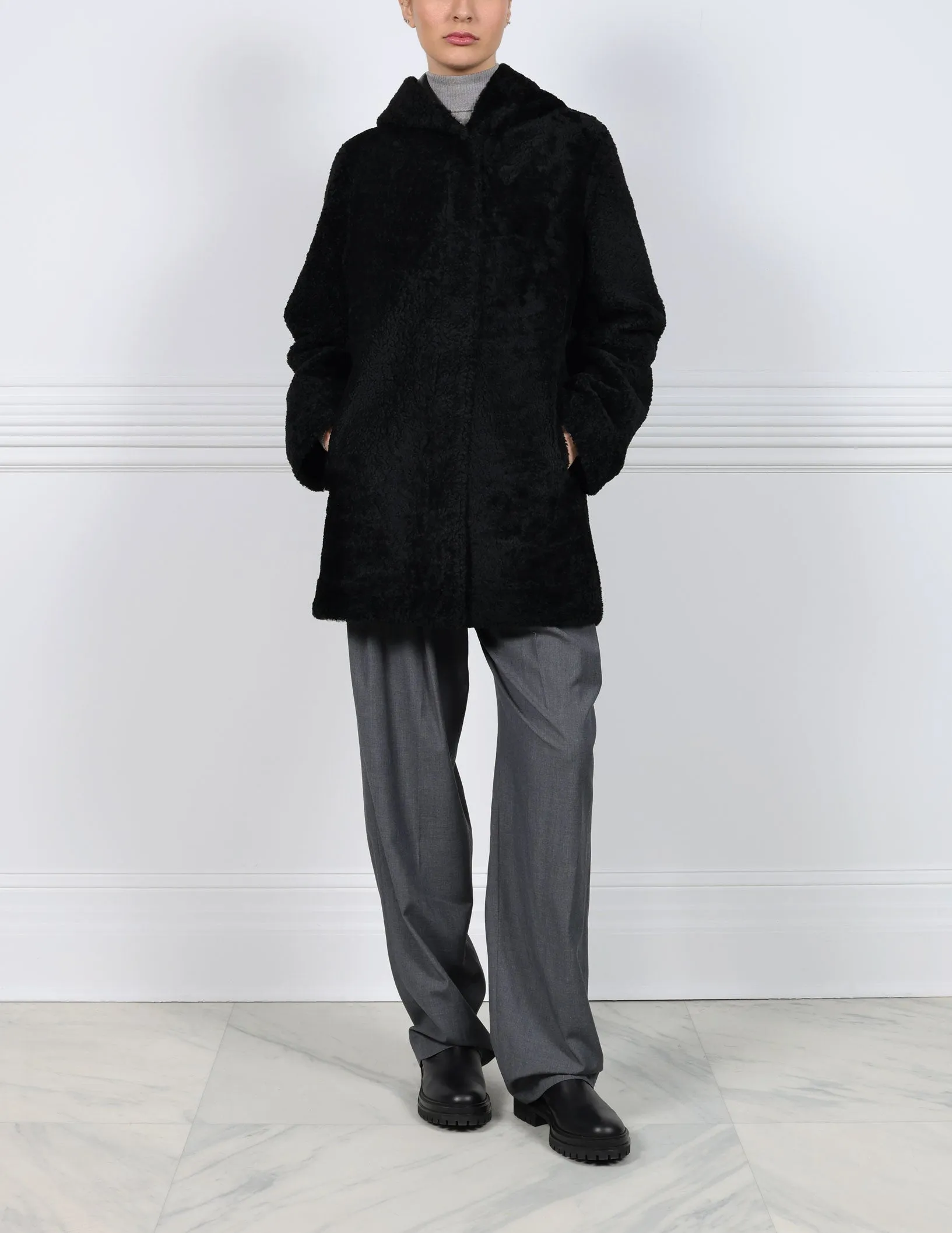 The Davie Hooded Curly Shearling Coat