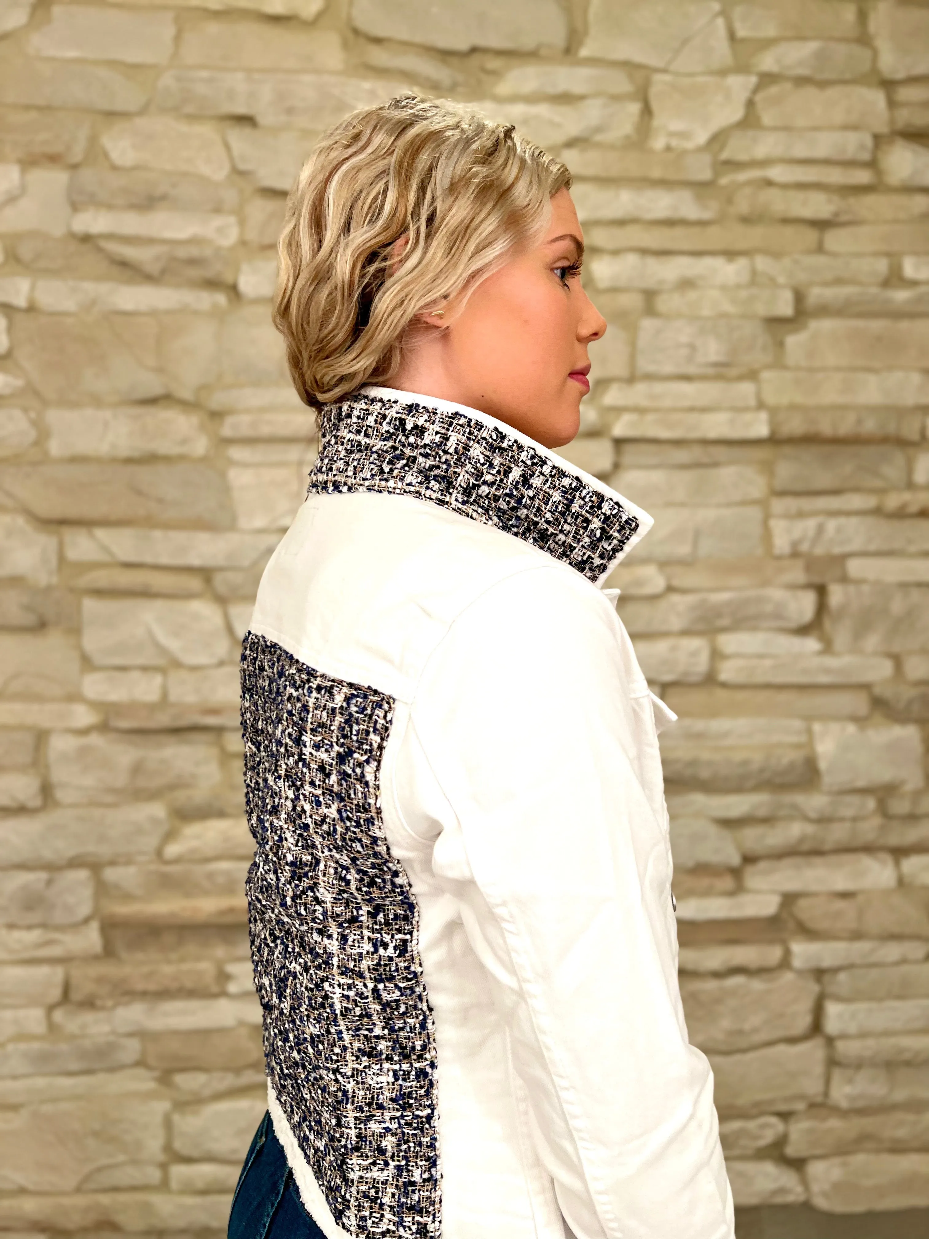 The White Denim Jacket / Tweed Navy and White