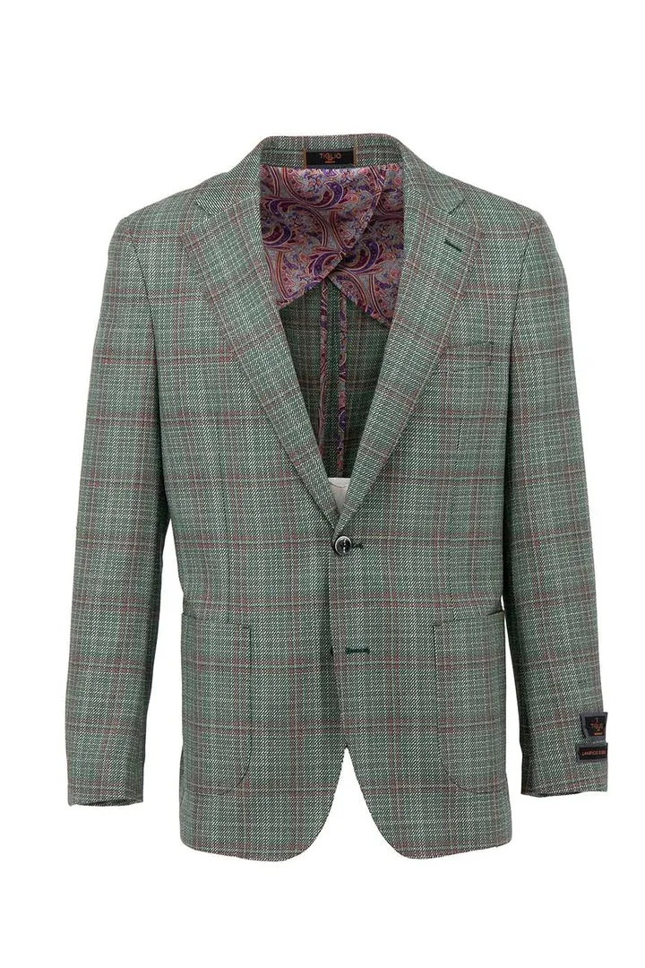 Tiglio Luxe Sage Green with Wine Windowpane Dolcetto/THP Modern Fit half lined, Pure Wool Jacket TL4256
