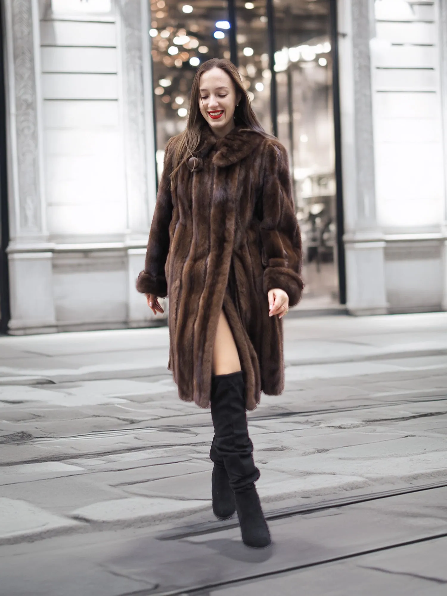 Unique Dark Mahogany Brown Vintage Mink Fur Coat With Leather  S/M