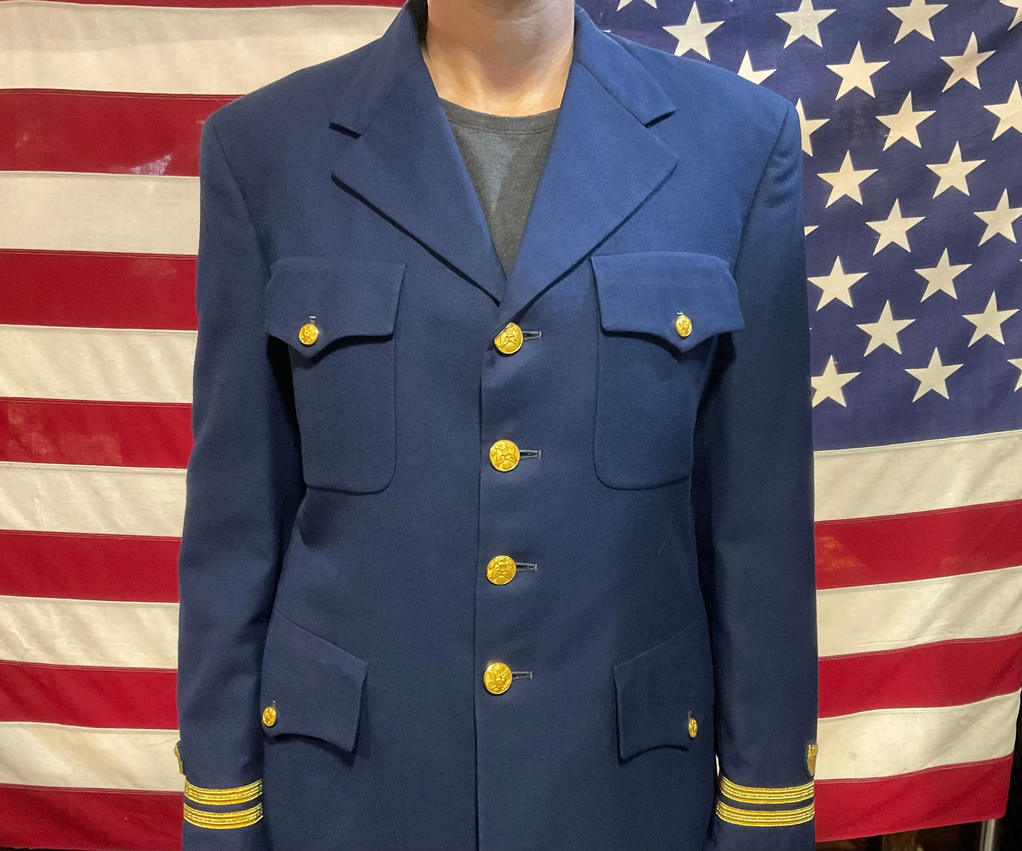 US Coast Guard Vintage 1970’s Navy Wool / Gold Trim Mens Suit Jacket by Thorngate Uniforms Inc Made in USA