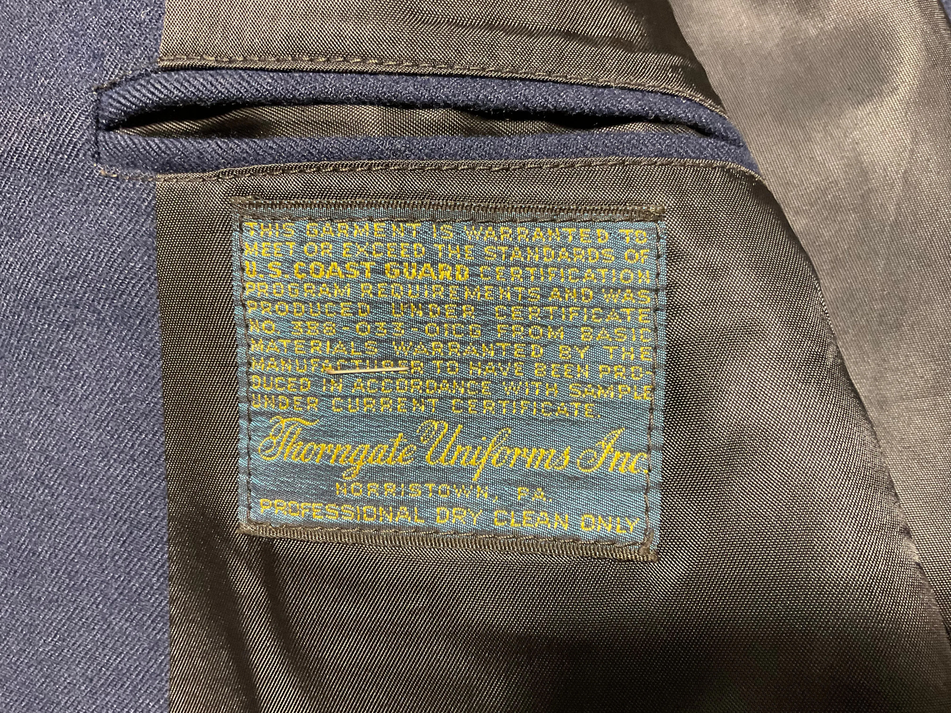 US Coast Guard Vintage 1970’s Navy Wool / Gold Trim Mens Suit Jacket by Thorngate Uniforms Inc Made in USA