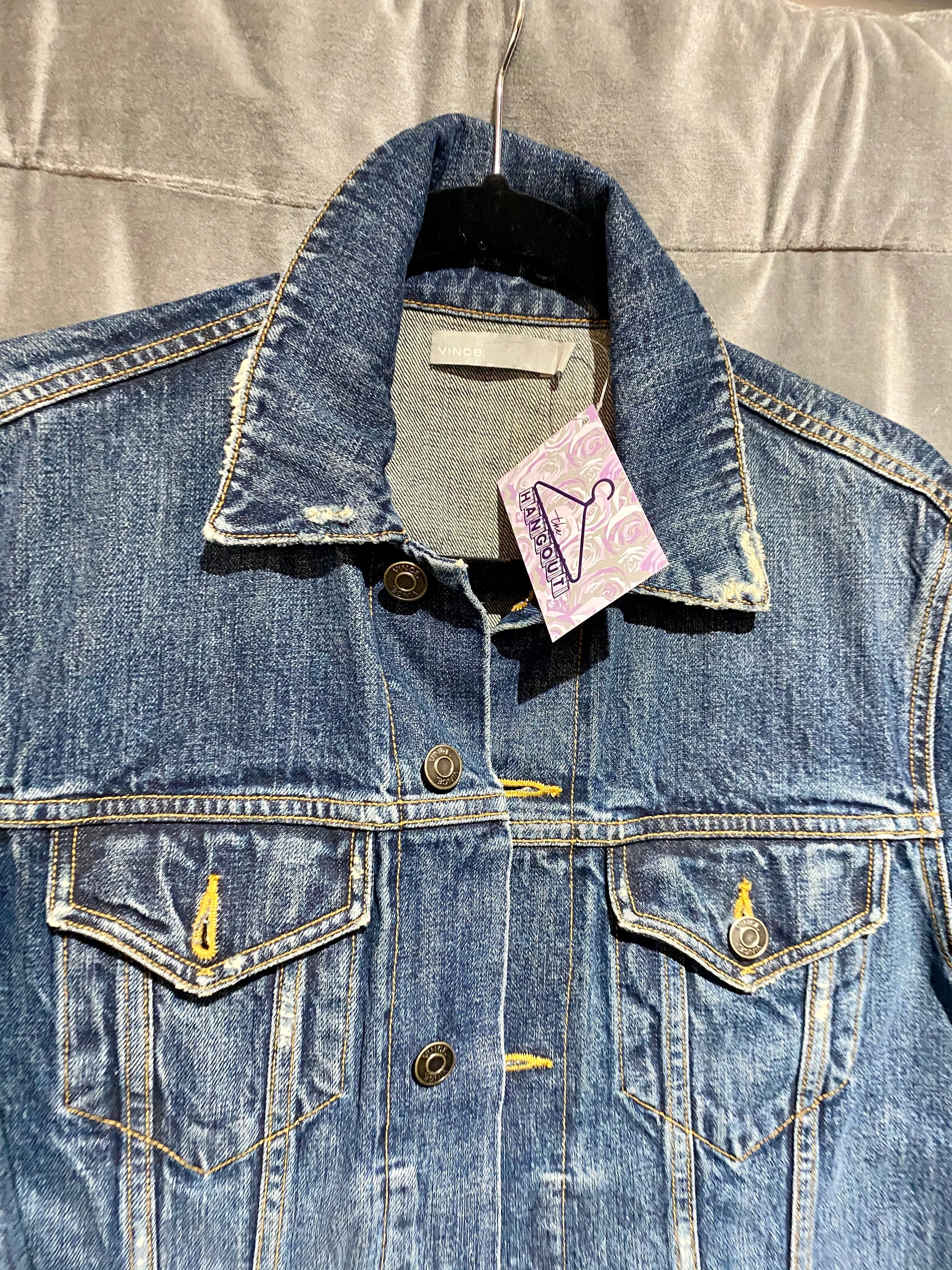 Vince Denim Cropped Jacket with Frayed Cuffs and Trim