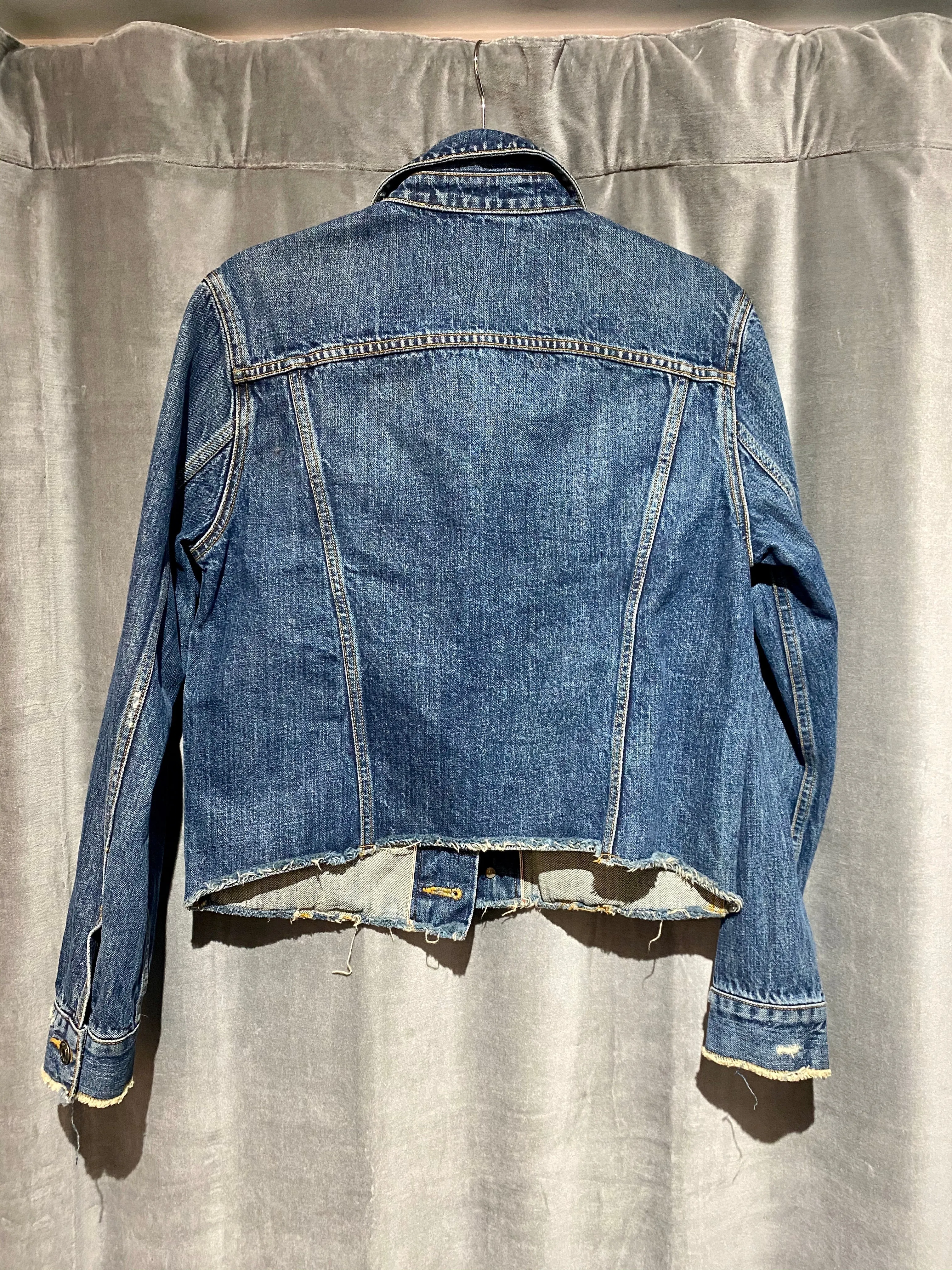 Vince Denim Cropped Jacket with Frayed Cuffs and Trim