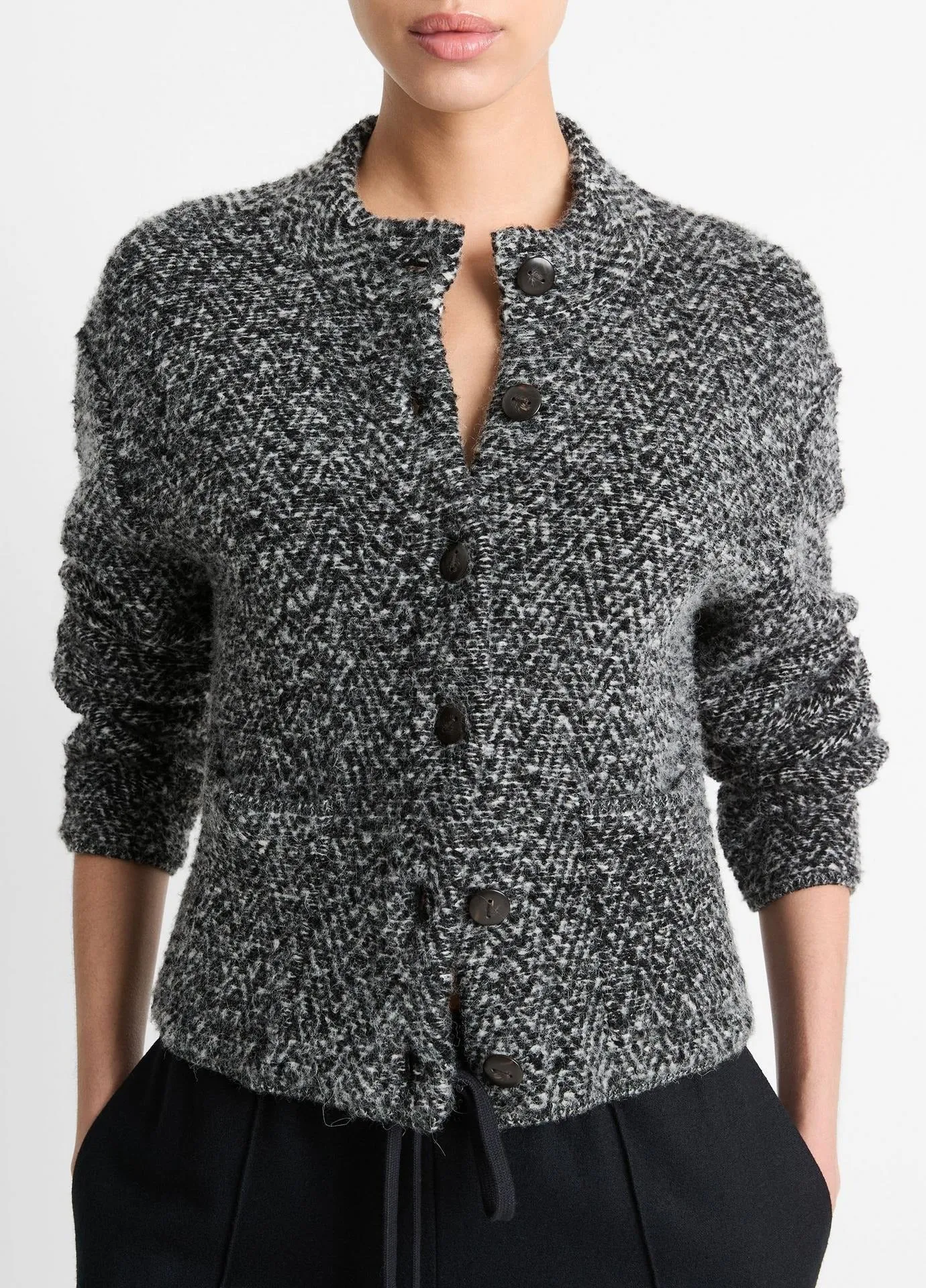 Vince Herringbone Textured Cardi Jacket in Black/Off White Combo