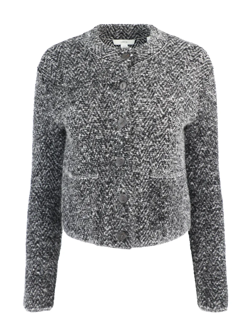Vince Herringbone Textured Cardi Jacket in Black/Off White Combo