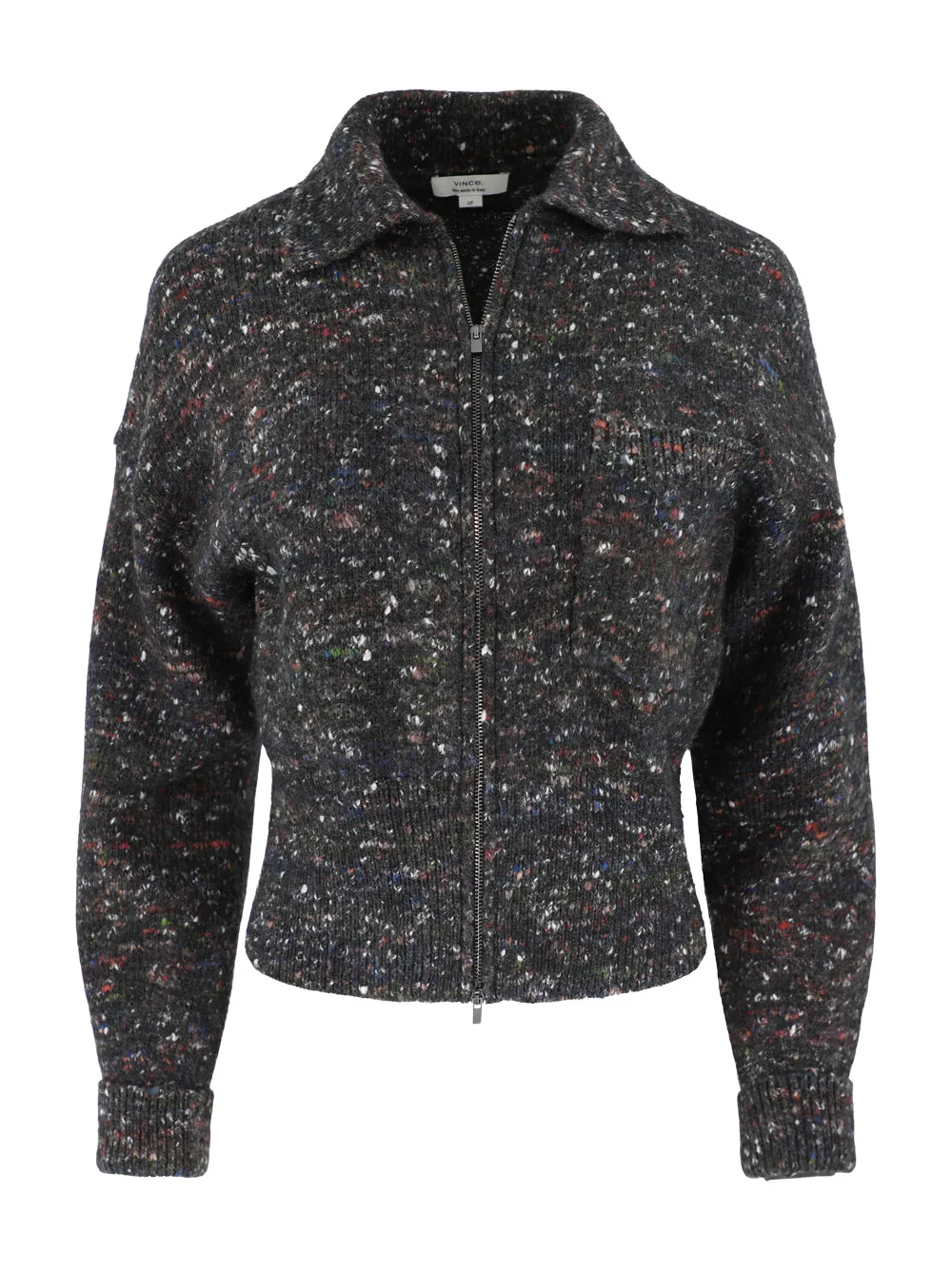 Vince Wool-Silk Donegal Zip Jacket in Black Donegal