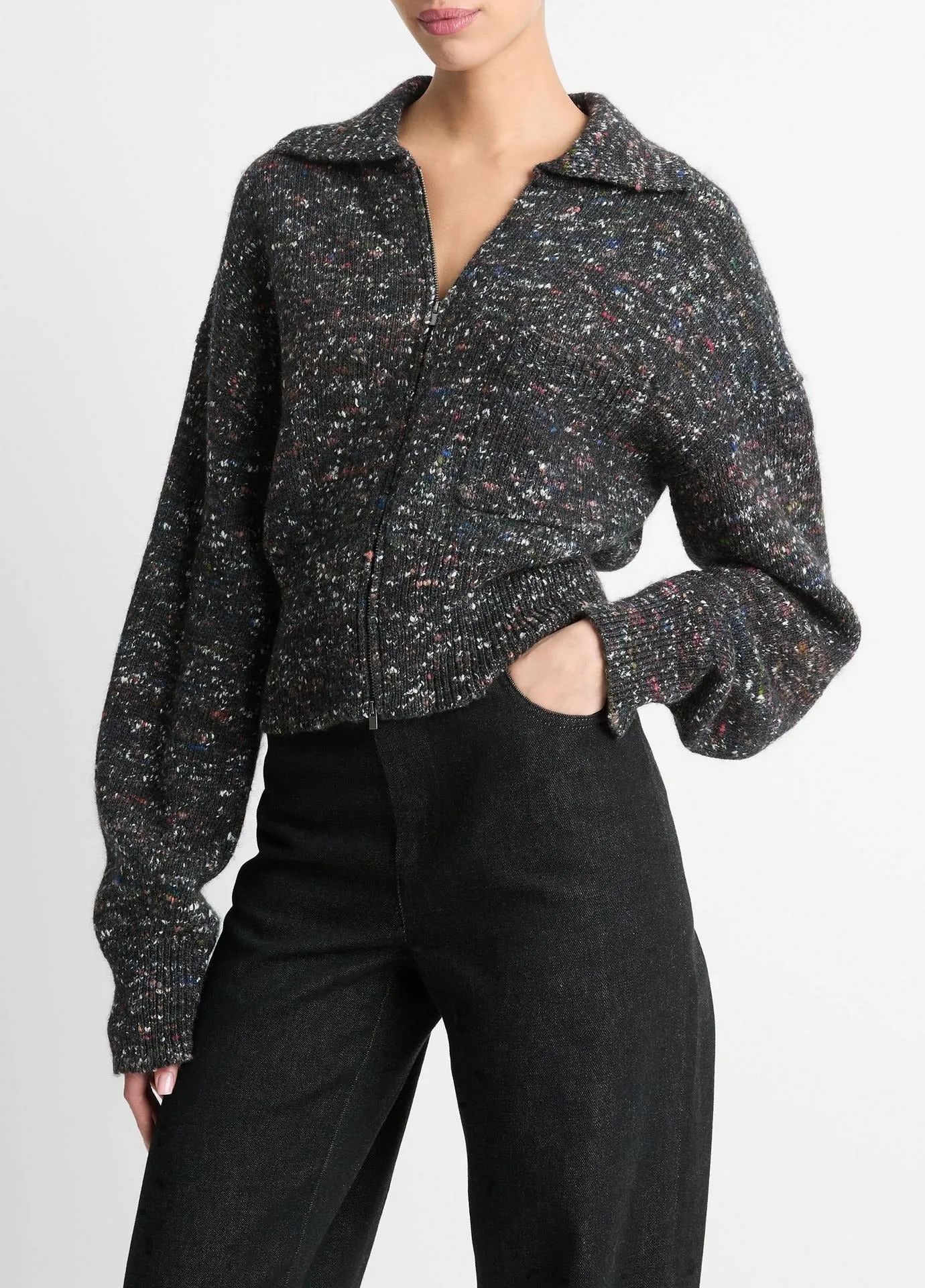 Vince Wool-Silk Donegal Zip Jacket in Black Donegal