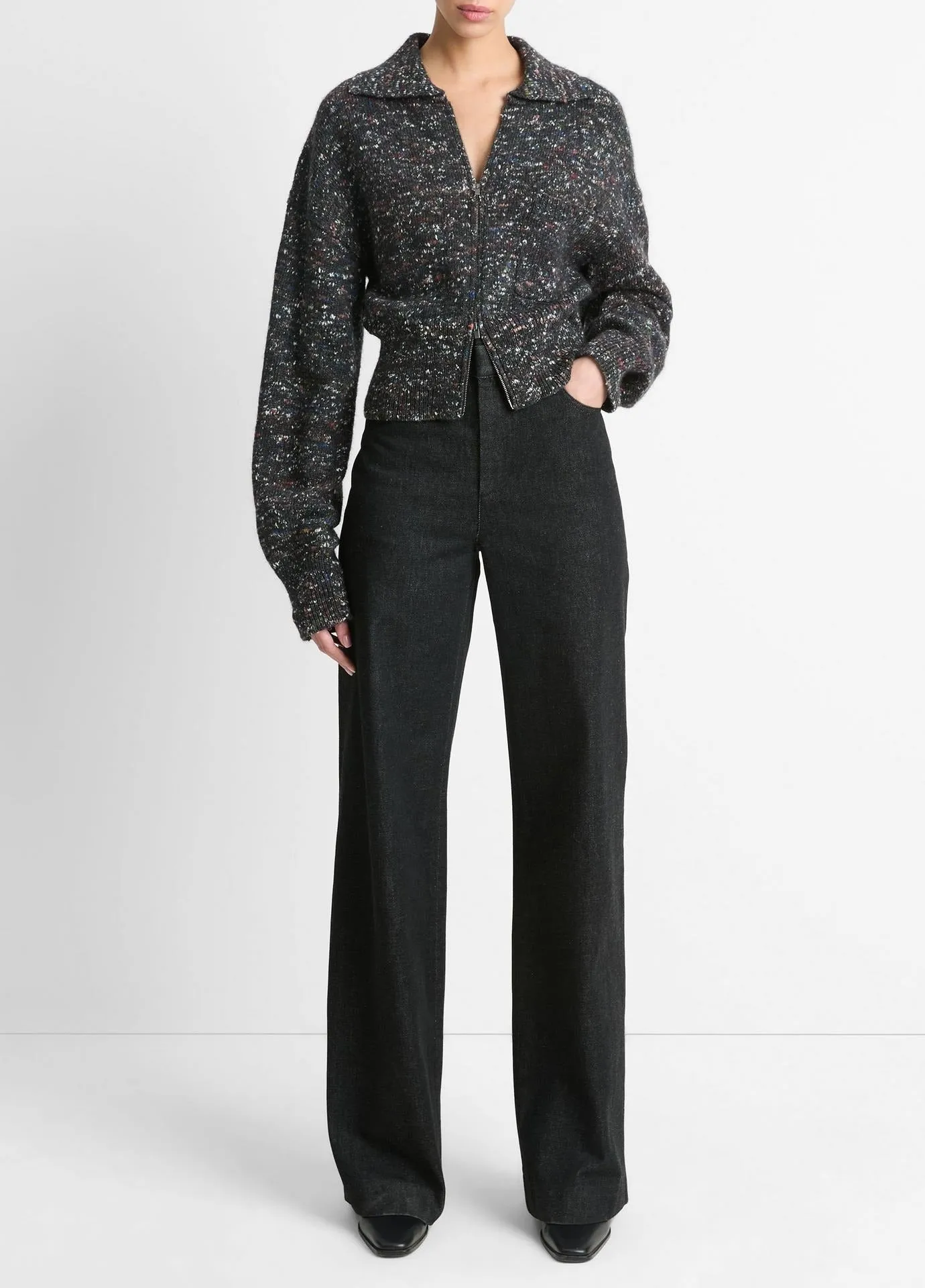 Vince Wool-Silk Donegal Zip Jacket in Black Donegal