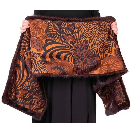 Vintage Stole Dark Brown Mink Extension Mod Print Lining Zipper 1970s
