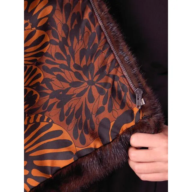 Vintage Stole Dark Brown Mink Extension Mod Print Lining Zipper 1970s