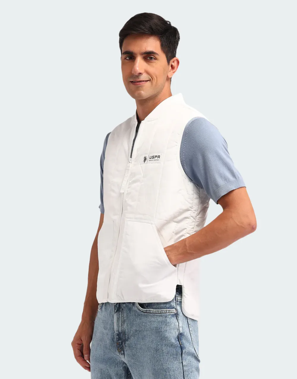 White Half Sleeves Colour blocked Regular Fit Jacket