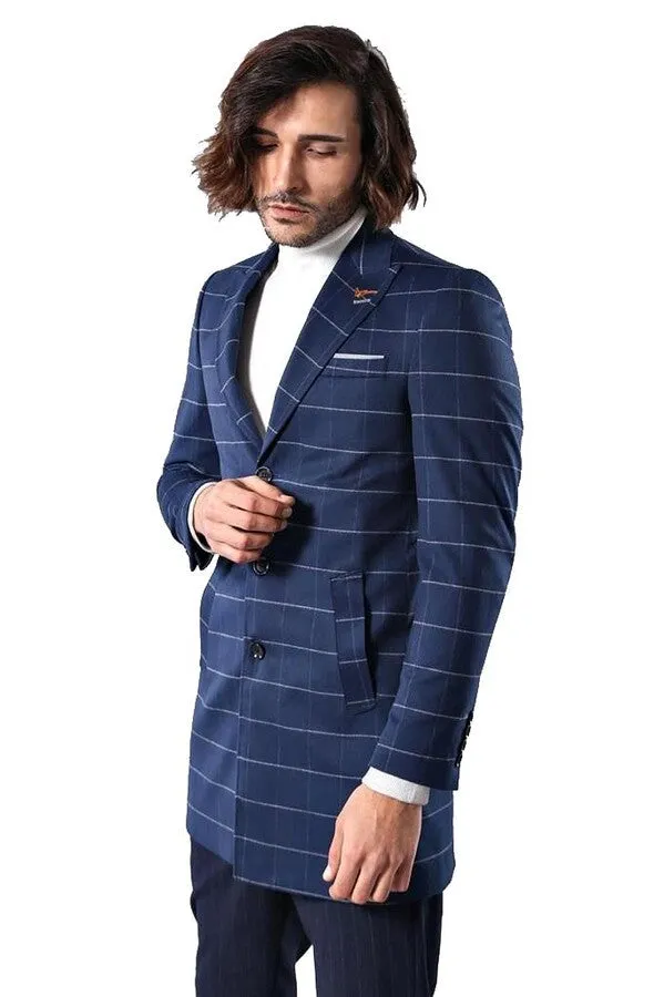 Wide Pointed Collar Indigo Men Coat - Wessi