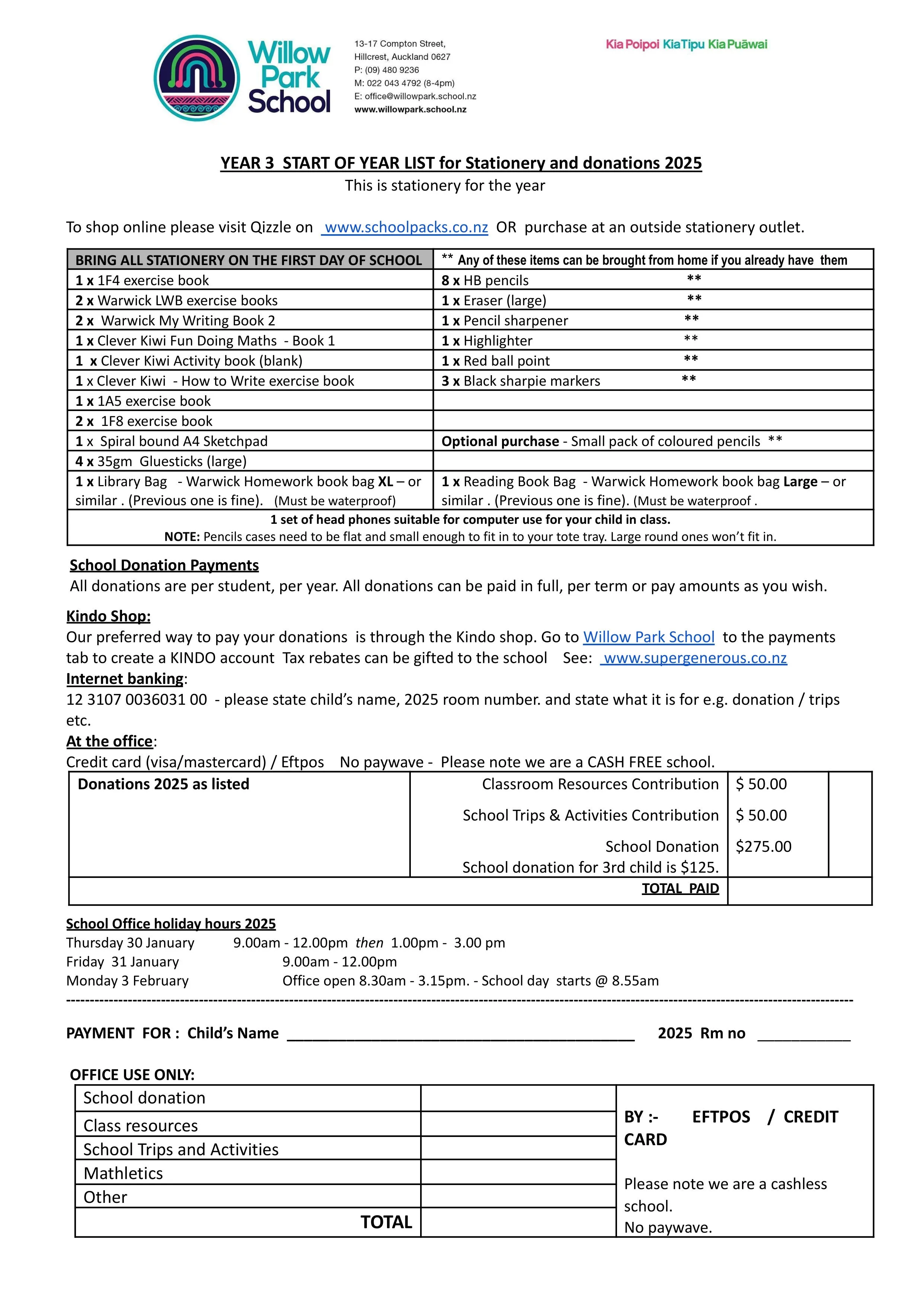 Willow Park School Stationery Pack 2025 Year 3