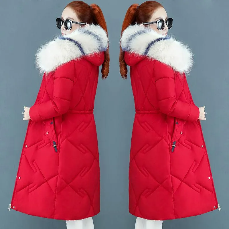 Winter Christmas Women's Down Cotton Padded Jacket Long Style Over The Knee Thickened Warm Women's Parka Coat Hooded Fur Collar Coat