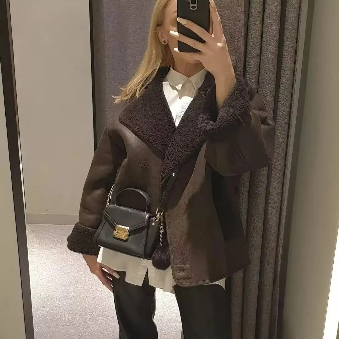Winter Coat for Women Faux Fur Thick Lapel Warm Loose Fit Coat Jacket