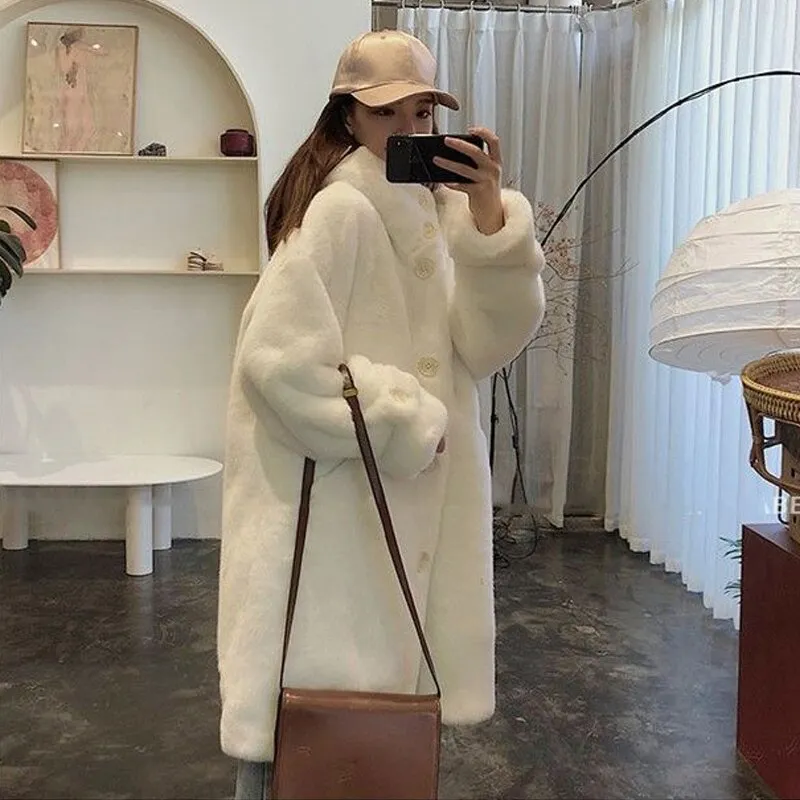 Winter Fashion Hooded Faux Fur Long Coat Solid Cute Warm Fluffy Jacket Casual Loose Oversize Coat Female Thick Outwears