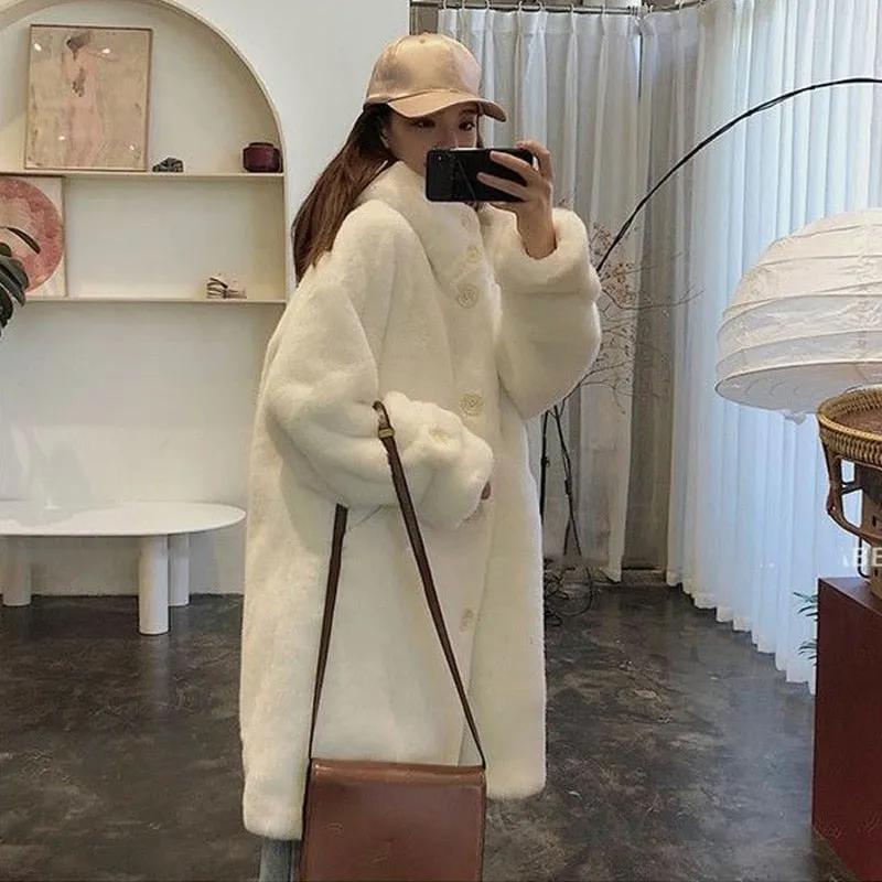 Winter Fashion Hooded Faux Fur Long Coat Solid Cute Warm Fluffy Jacket Casual Loose Oversize Coat Female Thick Outwears