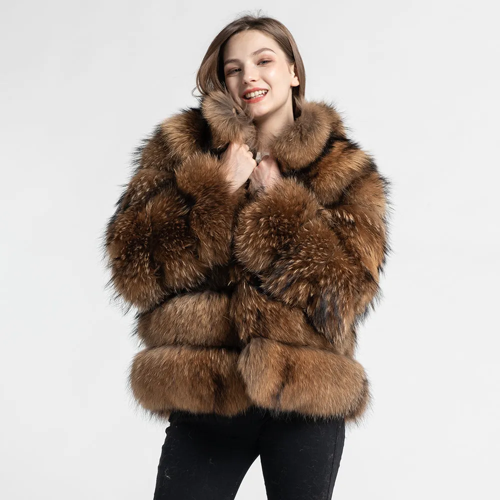 Winter Real Raccoon Fur Coat with Collar Women Natural Fur Jacket