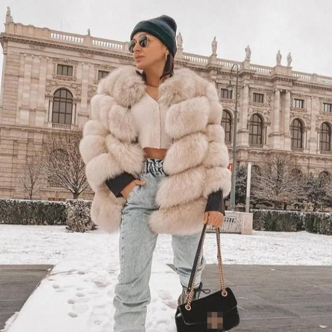 Winter Warm Fluffy White Fur Coats 2021 Real Fox Fur Coat Women