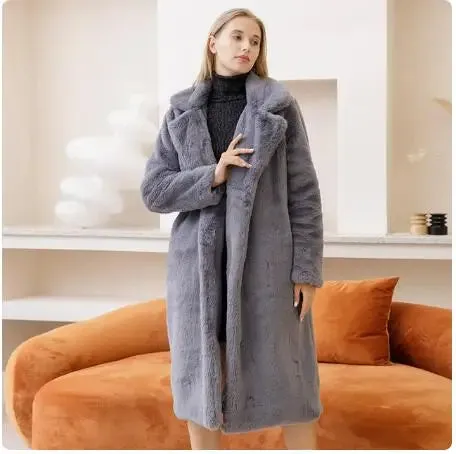 Winter Women High Quality Faux Rabbit Fur Coat Luxury Long Fur Coat Loose Lapel OverCoat Thick Warm Plus Size Female Plush Coats
