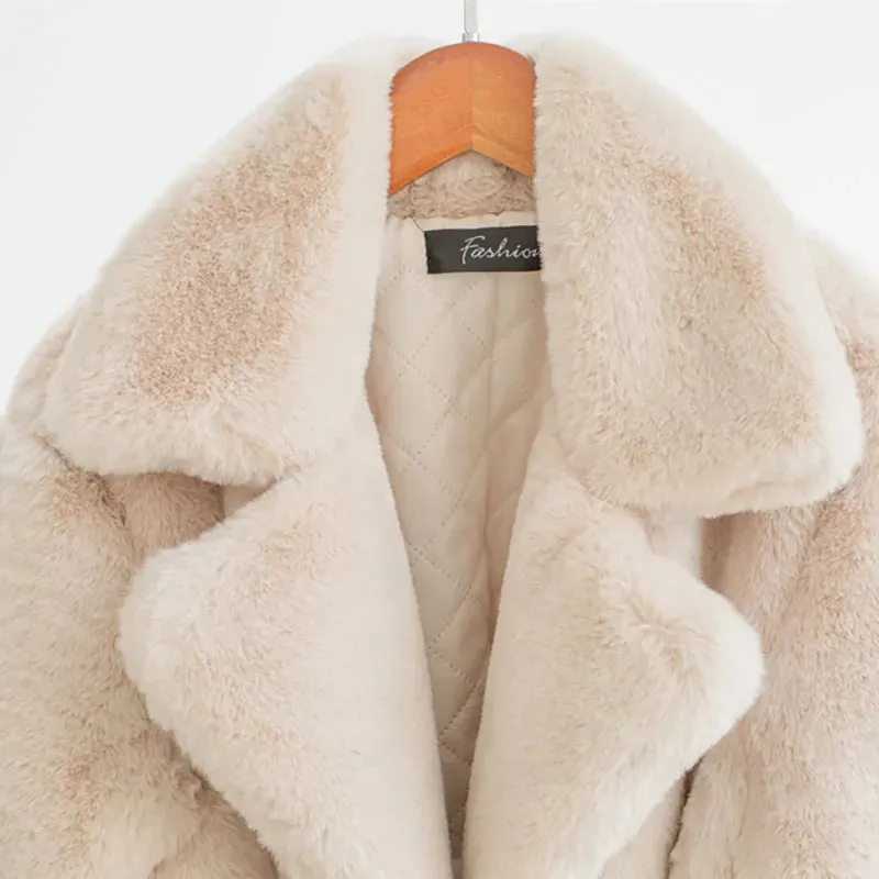 Winter Women High Quality Faux Rabbit Fur Coat Luxury Long Fur Coat Loose Lapel OverCoat Thick Warm Plus Size Female Plush Coats