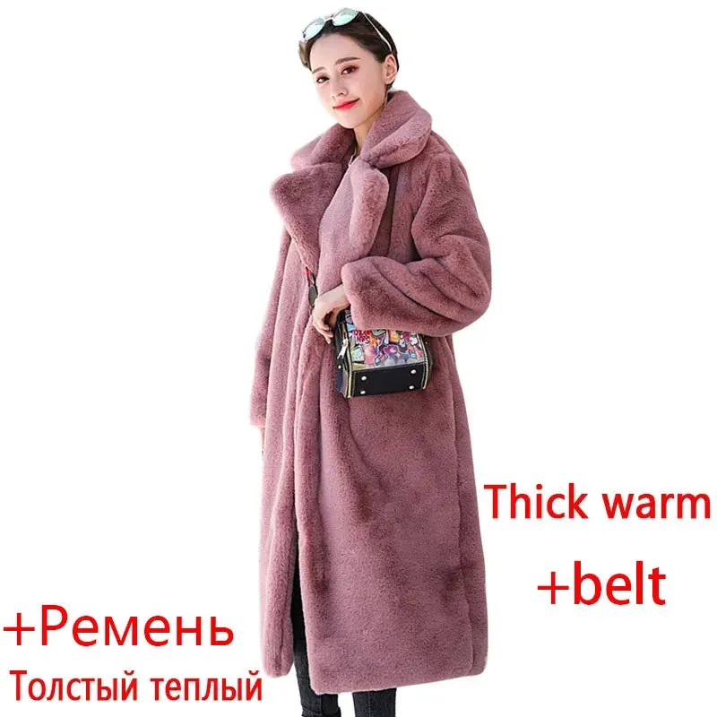 Winter Women High Quality Faux Rabbit Fur Coat Luxury Long Fur Coat Loose Lapel OverCoat Thick Warm Plus Size Female Plush Coats
