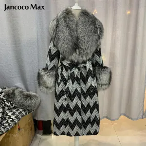 Winter Women Real Silver Fox Fur Coats Thick Warm Wool Coats Long Style