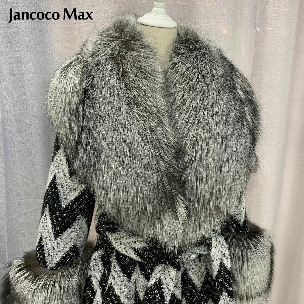 Winter Women Real Silver Fox Fur Coats Thick Warm Wool Coats Long Style