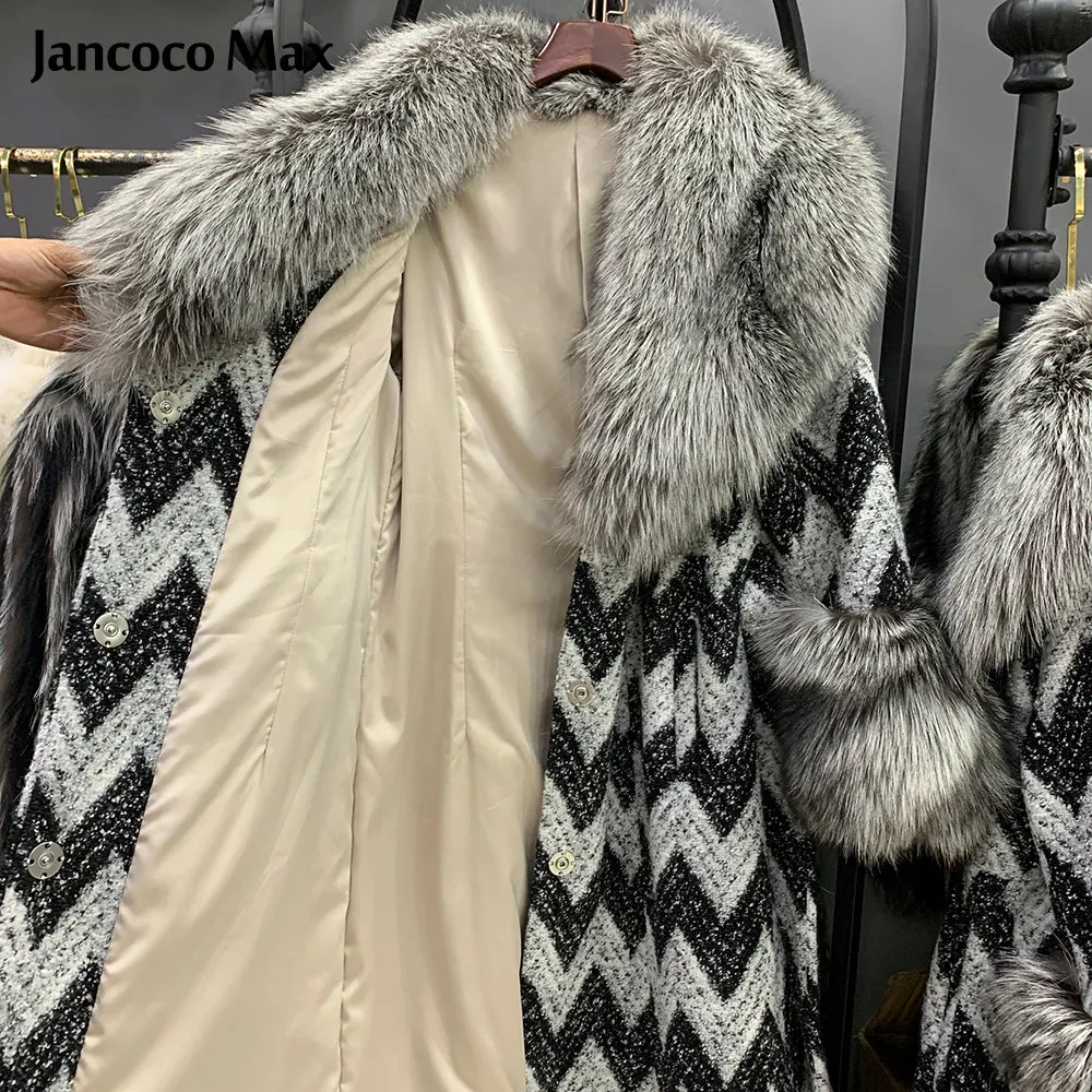 Winter Women Real Silver Fox Fur Coats Thick Warm Wool Coats Long Style