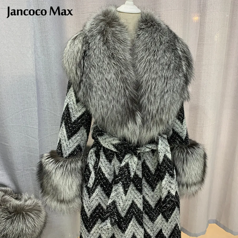 Winter Women Real Silver Fox Fur Coats Thick Warm Wool Coats Long Style