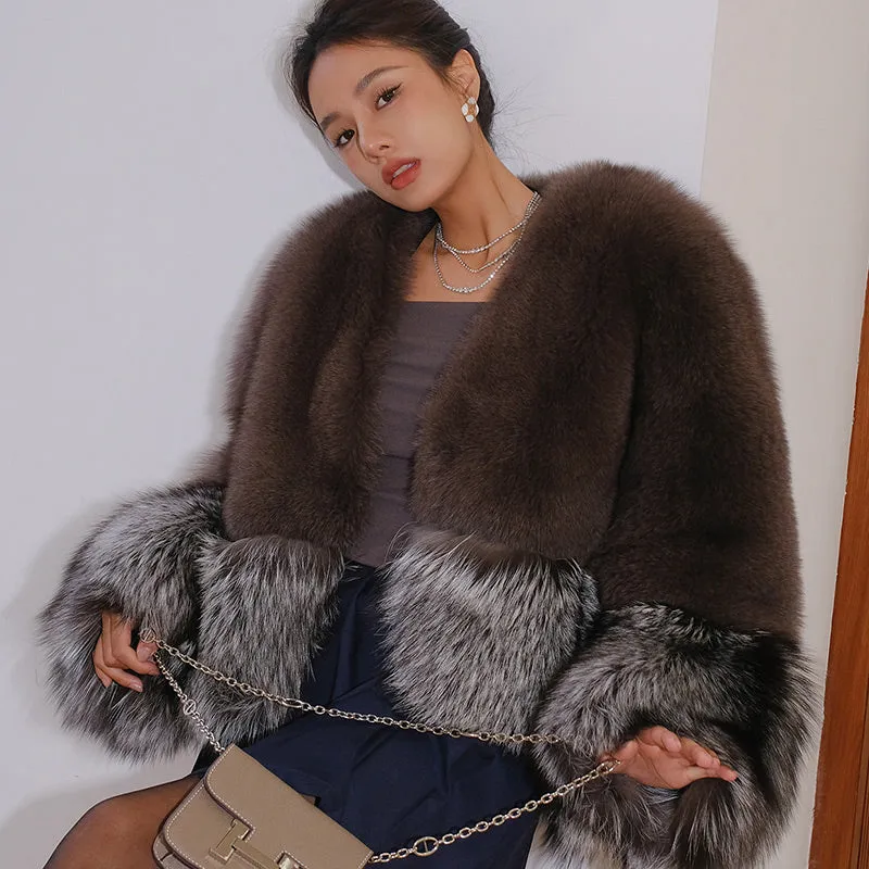 Women Fox Fur Coat 2022 New Luxury Long Sleeve Full Fur Overcoat Warm Winter 4903