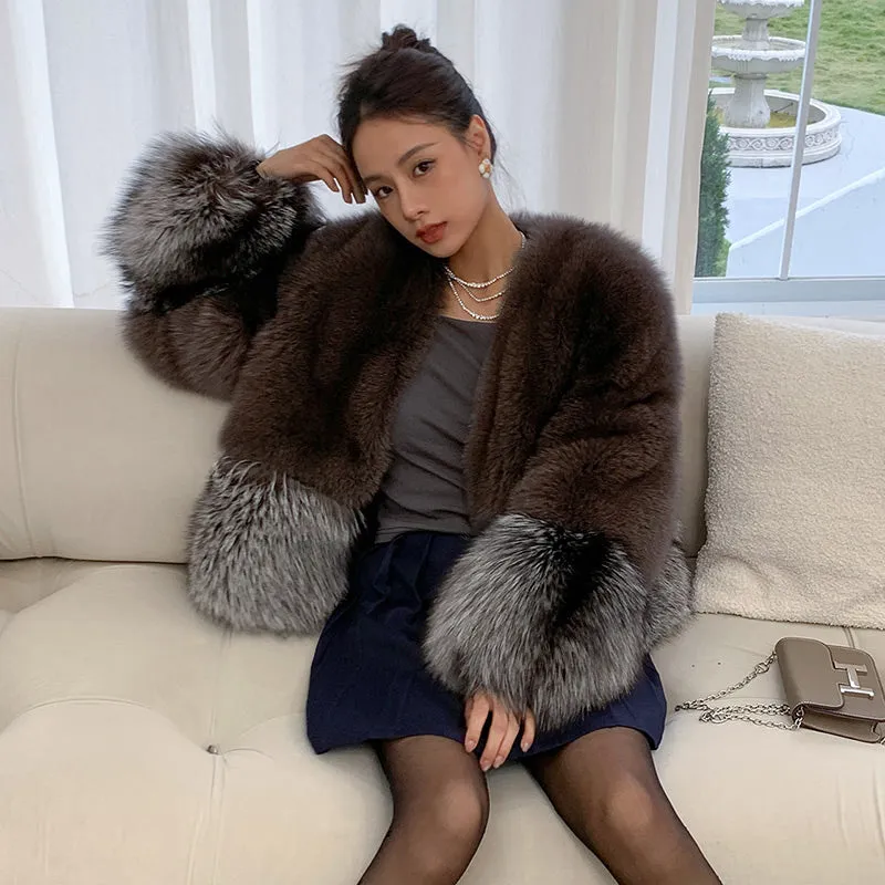 Women Fox Fur Coat 2022 New Luxury Long Sleeve Full Fur Overcoat Warm Winter 4903