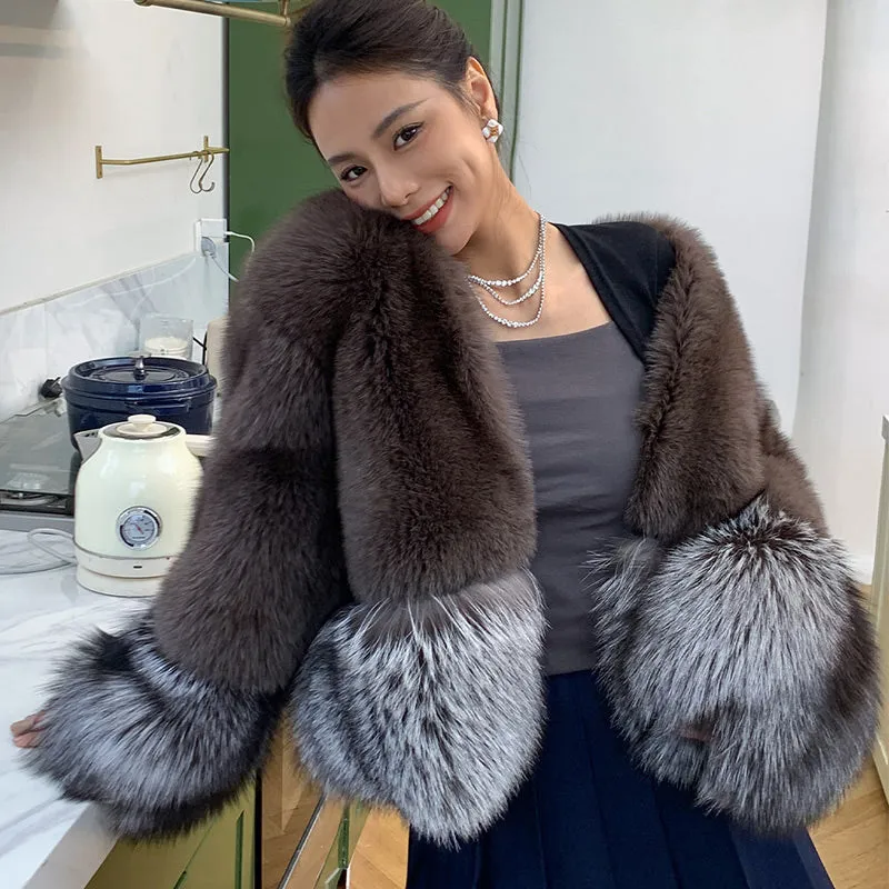 Women Fox Fur Coat 2022 New Luxury Long Sleeve Full Fur Overcoat Warm Winter 4903
