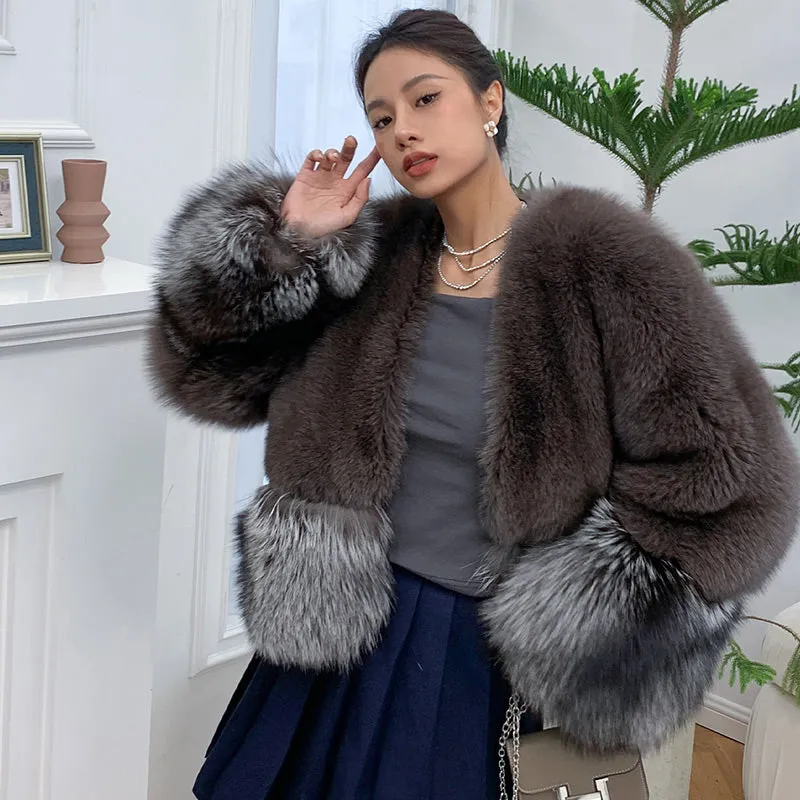 Women Fox Fur Coat 2022 New Luxury Long Sleeve Full Fur Overcoat Warm Winter 4903