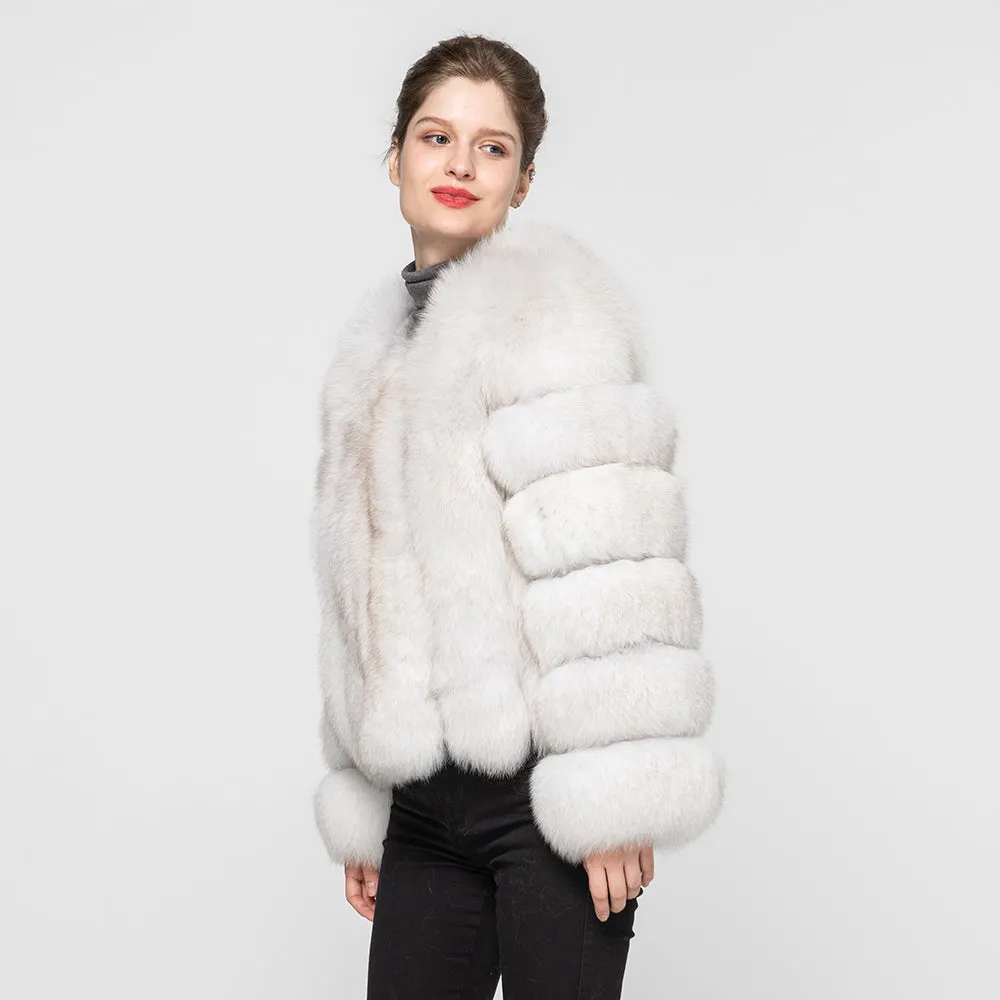 Women Genuine Fox Fur Coat Winter Jacket Natural White Fur Outerwear