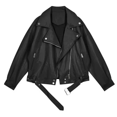 Women Pu Leather Female Loose Casual Jacket With Belt