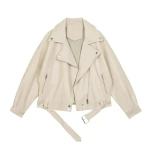 Women Pu Leather Female Loose Casual Jacket With Belt