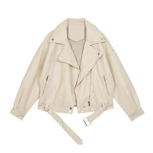 Women Pu Leather Female Loose Casual Jacket With Belt
