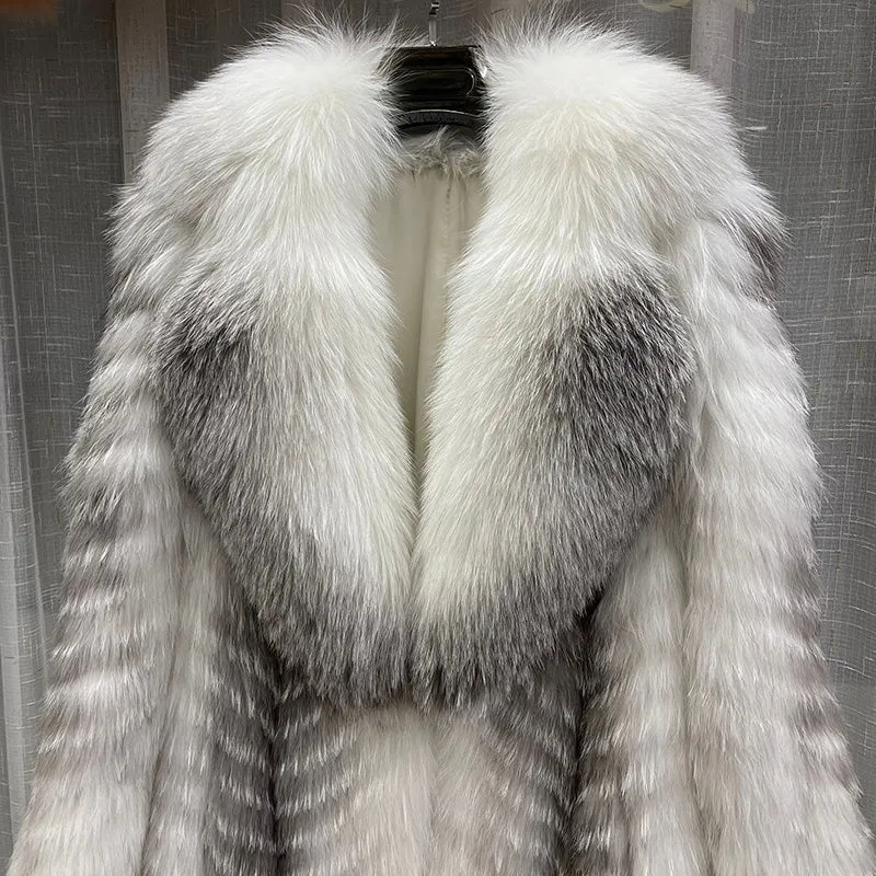 Women Real Fox Fur Coat High Street Big Fur Collar Long Fur Jacket