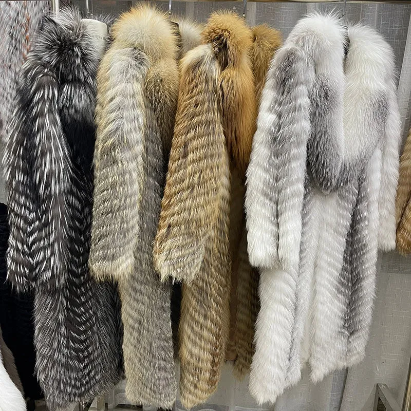 Women Real Fox Fur Coat High Street Big Fur Collar Long Fur Jacket