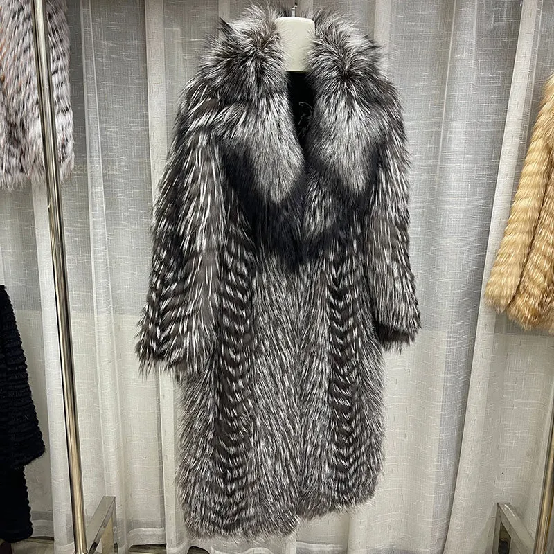 Women Real Fox Fur Coat High Street Big Fur Collar Long Fur Jacket