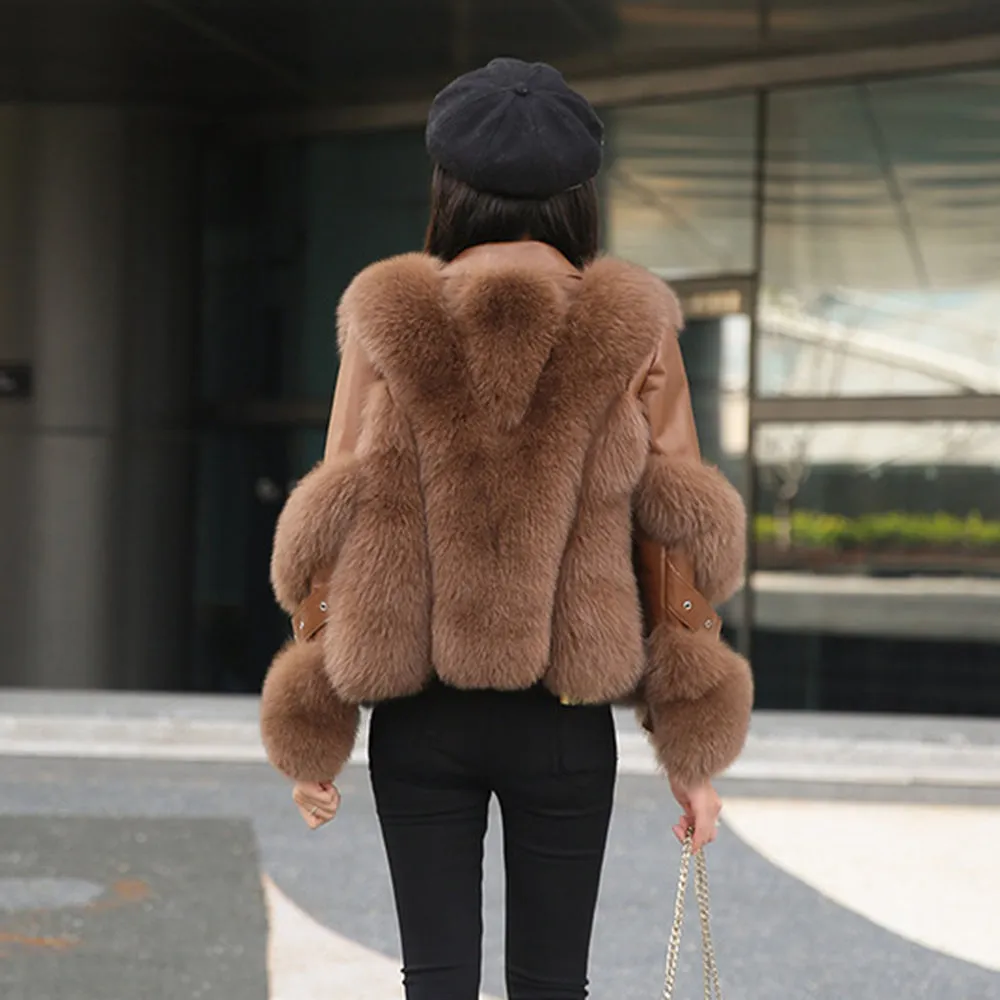 Women Real Leather Jacket Fox Fur Coats Winter Fashion Thick Warm