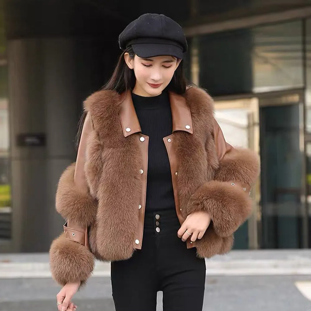 Women Real Leather Jacket Fox Fur Coats Winter Fashion Thick Warm