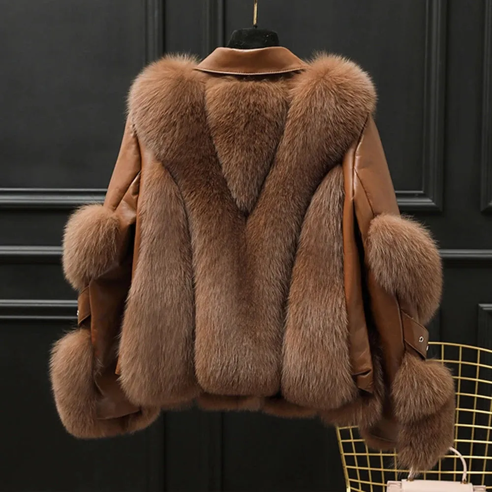 Women Real Leather Jacket Fox Fur Coats Winter Fashion Thick Warm