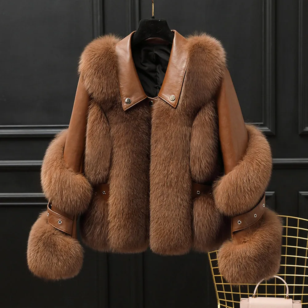 Women Real Leather Jacket Fox Fur Coats Winter Fashion Thick Warm