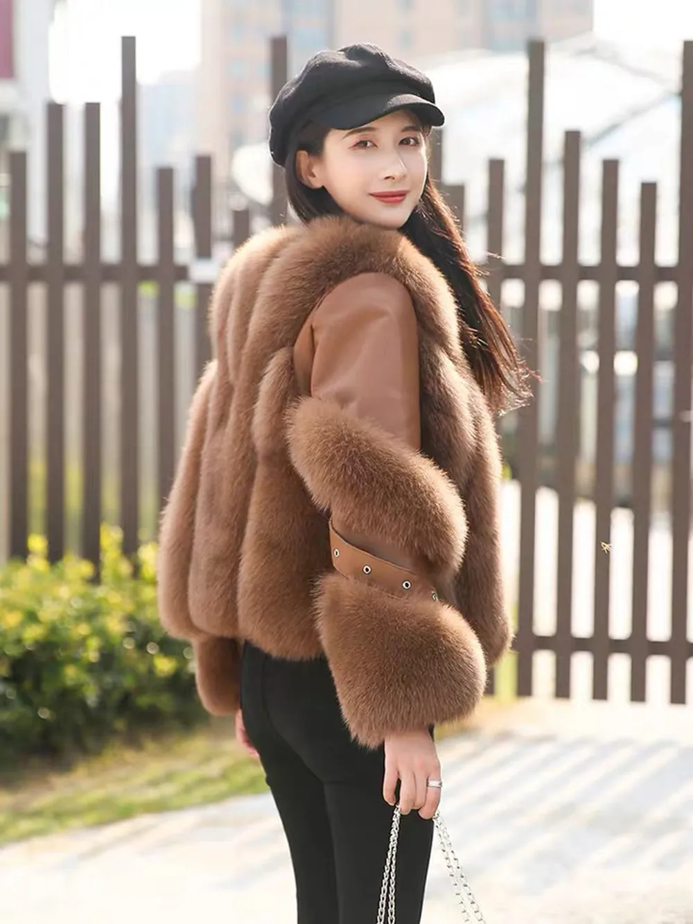 Women Real Leather Jacket Fox Fur Coats Winter Fashion Thick Warm