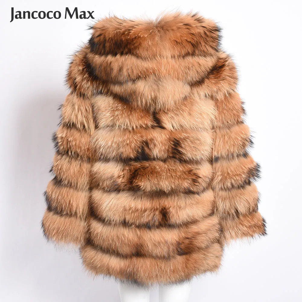 Women Real Raccoon Fur Coat Women Hooded Fashion Long Jacket