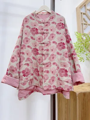 Women Retro Flower Print Pink Padded Coat